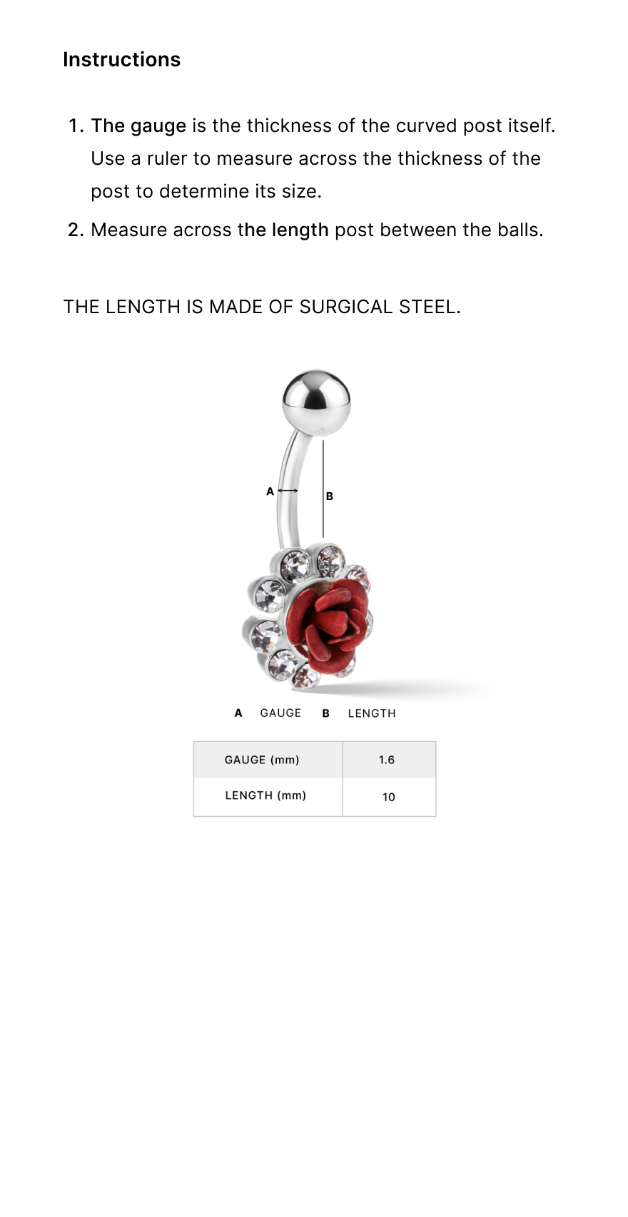 Belly button rings size guide